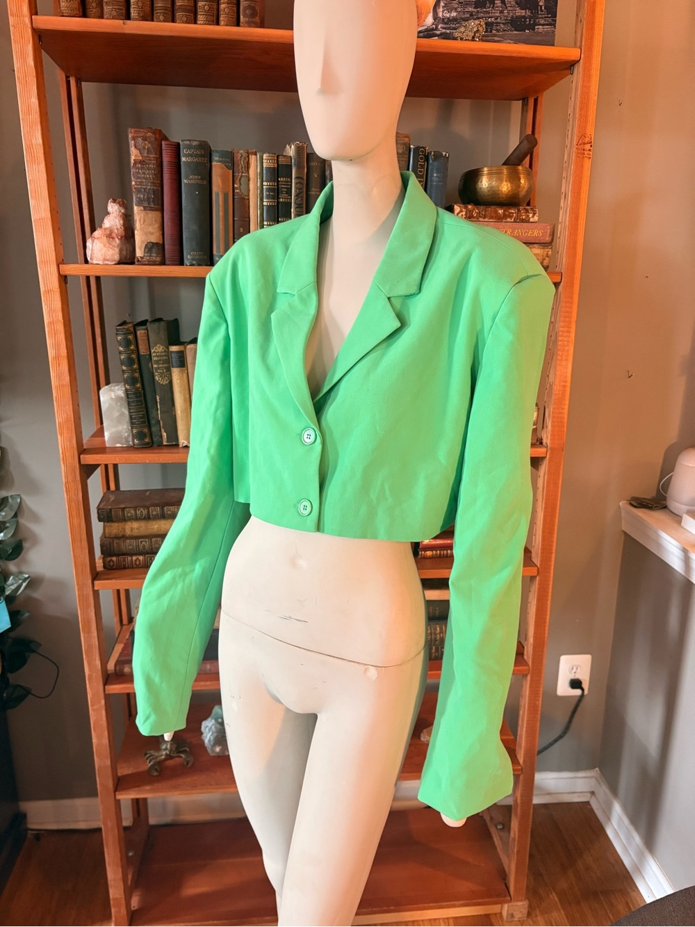 Danielle Bernstein WeWoreWhat Green Cropped Blazer